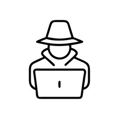 Poster - Person in hat and coat working on a laptop with a blank screen in a line drawing style design image