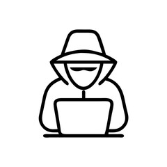 Aufkleber - Person in a hood with dark glasses using a laptop in a simple line drawing style graphic design icon
