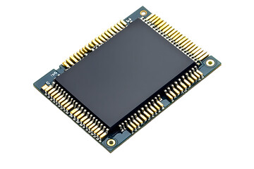 Poster - Close up view of a microchip with gold pins on a black background in a studio setting for technology