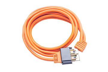 Poster - Coiled orange esata cable with connectors on a black background in a studio shot close up view
