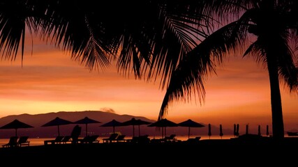 Wall Mural - Early morning light on a public beach with silhouettes of people, sun loungers and assembled sun umbrellas and coconut palms during a beautiful amazing sunrise