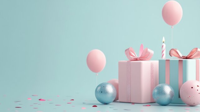 Minimal pastel birthday card with festive decorations.