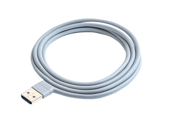 Poster - Close up of a coiled gray usb cable with a connector on a black background in a studio shot