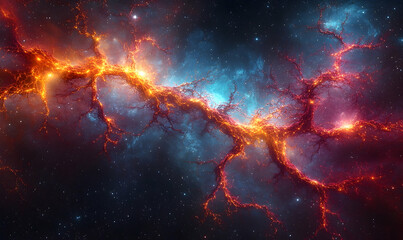 Stunning space nebula with vibrant orange veins cutting through blue and purple celestial clouds and distant stars