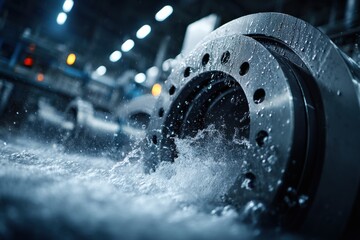 Poster - Industrial water process showcasing dynamic splashes and illuminated factory background