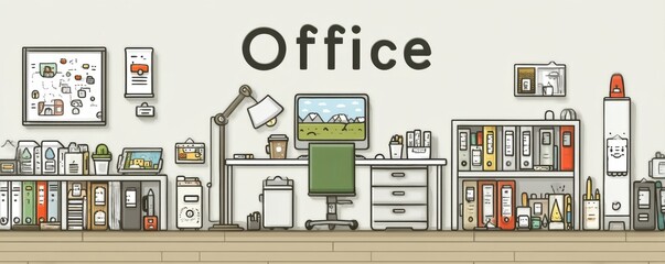 Poster - Illustrated organized office workspace with stationery and supplies
