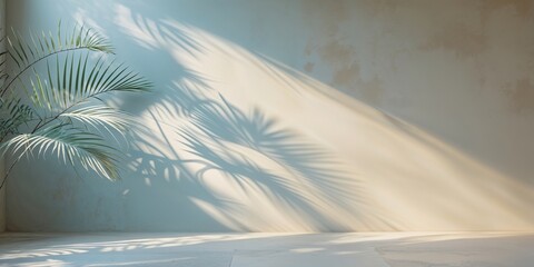 Poster - Soft sunlight casts shadows from a palm plant on a textured wall in a tranquil indoor setting