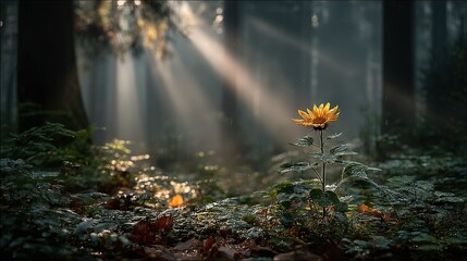 Wall Mural -   Sunflower amidst dense foliage, bathed in golden light from above