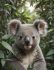 Fototapete - Adorable koala joey nestled amongst eucalyptus leaves, seamless repeat , repeat, print