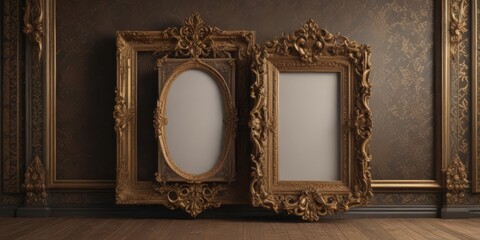 Fototapete - Elegant damask backdrop showcases antique frames, various shapes & sizes ,  texture,  metal