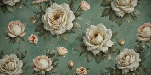 Fototapete - Muted green floral grunge background with faded roses and distressed texture , texture, green, shabby