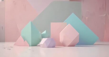 Fototapete - Pastel geometric shapes overlay on blurred background, social media, artwork