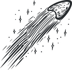 Wall Mural - black and white illustration of a comet with a long trail flying through space surrounded by stars