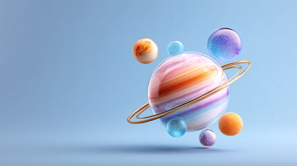 Poster - Stylized colorful spheres with planet rings in a pastel blue background. Abstract geometric shapes creating a unique space art concept for travel promotion.
