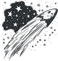 Wall Mural - hand drawn black and white sketch of a comet moving through space with stars in the background