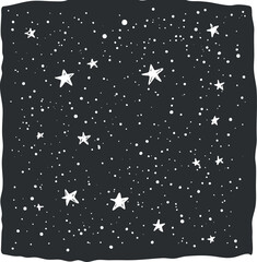 Wall Mural - hand-drawn black and white illustration of a starry night sky with scattered stars and dots
