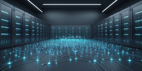 Poster - Advanced data center showcasing illuminated connections and modern server technology in a high-tech environment