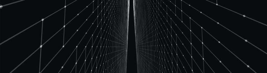 Poster - Futuristic black and white perspective grid. Abstract wireframe with white grid on black background. Virtual landscape in digital style of 80s 90s. Simple perspective grid for design. 3D vector