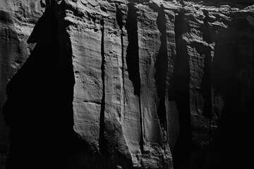 Wall Mural - A dramatic black and white close-up of a textured canyon wall, showcasing deep shadows and vertical crevices.