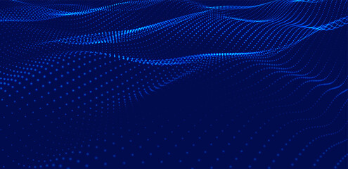 Fototapete - Futuristic dot wave. Abstract digital particle wave. Technology background. Colored musical wave. Dark background. Digital background with smooth, wavy curves. 3D rendering.