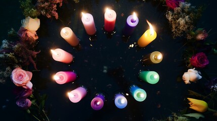 Aufkleber - Colorful candles arranged in a circle surrounded by flowers in a serene nighttime setting