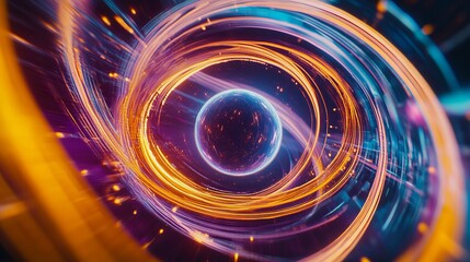 Poster - Abstract Orange Blue Swirling Light Trails Futuristic Sphere Digital Art Background Design Technology Energy Universe Cosmic Space Galaxy Neon Vibrant Colors Modern      