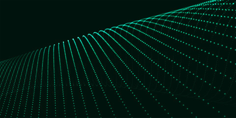 Fototapete - Futuristic dot wave. Abstract digital particle wave. Technology background. Colored musical wave. Dark background. Digital background with smooth, wavy curves. 3D rendering.