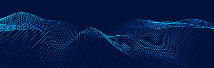 Fototapete - Futuristic dot wave. Abstract digital particle wave. Technology background. Colored musical wave. Dark background. Digital background with smooth, wavy curves. 3D rendering.