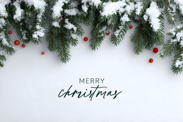 Wall Mural - Spruce branches covered with snow on a white background and the inscription Merry Christmas.