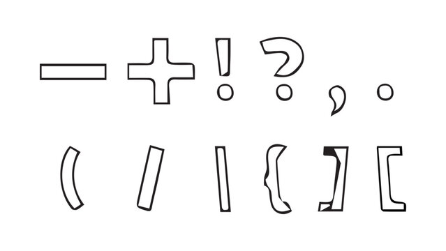 Set of mathematical signs for solving examples in mathematics, set of punctuation marks drawn by hand in ink, sloppy signs question and exclamation marks, brackets, period, comma, plus and minus