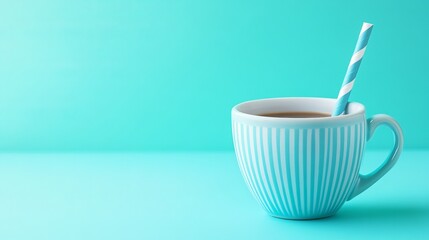 Poster - Striped Teal Coffee Cup with Straw on Aqua Background Refreshing Morning Beverage Blue White Vertical Lines Minimalist Design Modern Style Simple Breakfast Drink Tea     