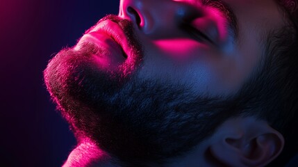 Poster - Young man experiencing vibrant lighting effects while posing in a darkened environment at night