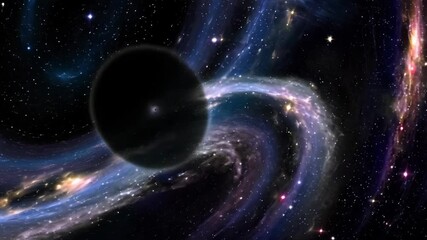 Wall Mural - a black hole warps space and time against a starry cosmic nebula with planet horizon