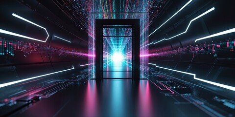 Aufkleber - Modern digital corridor with glowing neon lights and abstract patterns at night