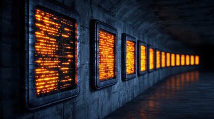 Poster - Futuristic Corridor with Glowing Panels and Artistic Illuminations in Dark Mystical Atmosphere