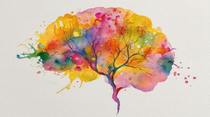 Poster - Vibrant Abstract Watercolor Brain Illustration with Colorful Swirls, Artistic Design, Creativity and Imagination Concept, Bright and Bold Art Style