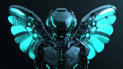 Poster - Cyberpunk Angel Futuristic Robot Wings Teal Glowing Mechanical Dark Background Sci Fi Fantasy Digital Art Modern Technology Artificial Intelligence Advanced Machine      