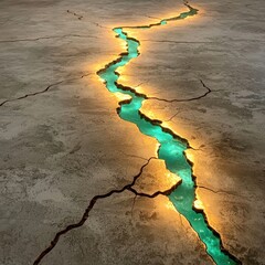 Poster - Glowing Blue Stream in Cracked Earth with Intriguing Light Effects on Textured Surface