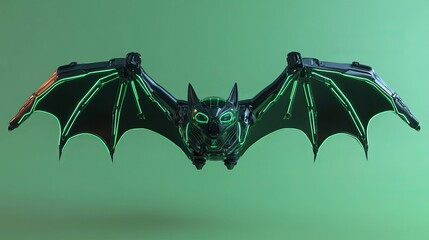 Poster - Cyberpunk Bat Robot Futuristic Design Green Neon Lights Black Wings Mechanical Creature Digital Art Sci Fi Fantasy Illustration 3D Render Graphic Background dark style   