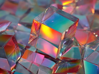 Poster - Colorful Crystal Cubes Reflecting Light in Vibrant Patterns on a Iridescent Surface