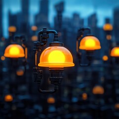 Poster - Warm Glowing Lanterns Suspended in Urban Landscape with Soft Focus Background and Evening Sky Illumination