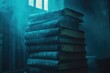© piyumal - A stack of old, worn books shrouded in blue-tinged smoke, evoking mystery and forgotten knowledge.