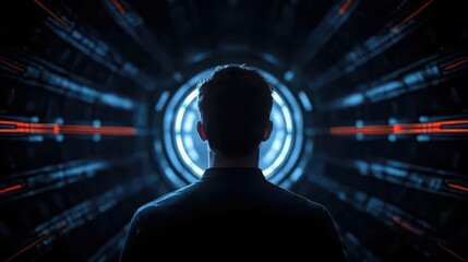 Poster - Futuristic Technology Concept With Person Gazing Into Abstract Light Tunnel in Dark Environment