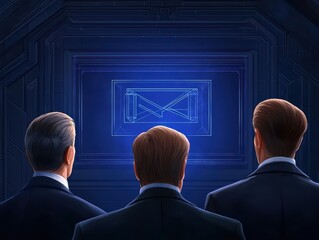 Poster - Three Businessmen Analyzing Digital Blueprint on Screen with Futuristic Elements in High-Tech Environment