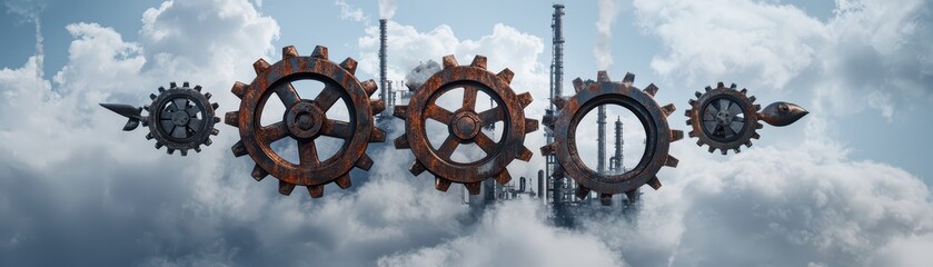 Poster - Industrial Gears and Cogs Floating Amidst Clouds with Factory Silhouette in the Background
