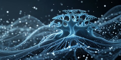 Poster - Digital landscape showcasing abstract tree-like formations amidst flowing blue waves and sparkling particles in a futuristic setting