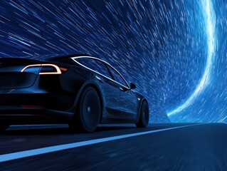 Poster - Futuristic Car in Motion through a High-Speed Digital Tunnel with Blue Light Trails and Stars