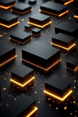 Poster - In a mesmerizing digital realm sleek black cubes float above a dark surface their edges illuminated with vibrant orange light casting a futuristic and captivating aura around them.