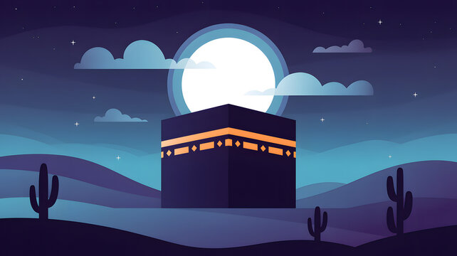 A digital illustration of the Kaaba in Mecca at night, rendered in a minimalist flat design style. The Kaaba is depicted as a dark blue cubic structure with a golden-orange horizontal band around its 