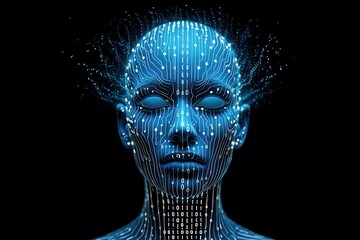Poster - A striking representation of a humanoid figure with intricate circuitry glowing in blue symbolizing the fusion of technology and humanity. The figure exudes a powerful digital presence.